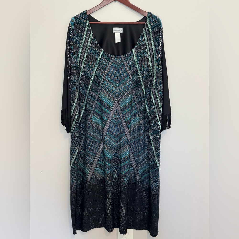 Catherine’s Women’s 2X Maxi Dress Blue/Green Pattern Fringe Church Modest Mature